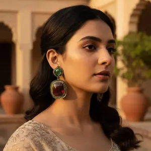 Boucles d'oreilles pour femmes, bijoux fantaisie, plaquées or, cristal, rubis et émeraude - Product Image 2