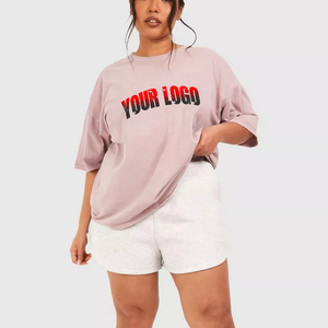 Wholesale 100% cotton women's short & oversized t-shirt set summer casual wear custom DTF printed logo contrast ladies set - Product Image 1