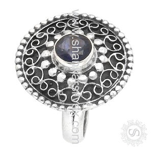 แหวน925อ็อกซิไดซ์เงินธรรมชาติแร่ไอโอไลท์เครื่องประดับสไตล์ชาติพันธุ์ - Product Image 4