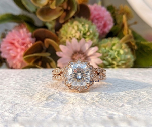 Lurba Jewels Gold Plated Moissanite Halo Engagement <b>Ring</b> Cushion Cut Bridal Wedding Band Vintage Style Resizable Rhodium Plated - Product Image 6