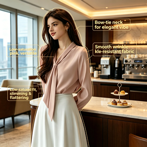 <span class=keywords><strong>Chemise</strong></span> à manches longues pour <span class=keywords><strong>femme</strong></span>, design printemps 2026, élégante et raffinée, avec empiècements, coupe fluide et ample, élastique, blanche, pour le bureau - Product Image 1