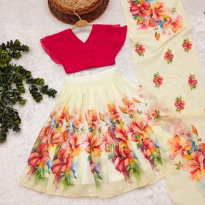 Conjunto de Lehenga Choli de Organza Floral de Diseño para Niñas, Secado Rápido, Estilo Shoryam, Blusa Elegante con Volantes, Estilo Indo-Occidental - Product Image 1