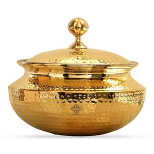 Olla de latón puro con revestimiento de estaño para sopa y caldos, utensilio de cocina y vajilla, con tapa, de Indian Art Villa. - Product Image 3