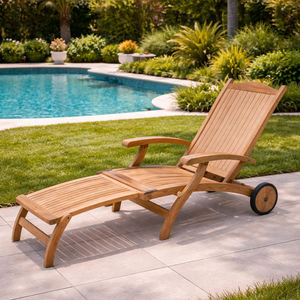 Fauteuil de relaxation moderne en teck avec roulettes - Fauteuil inclinable pliable ergonomique pour l'extérieur, écologique, de qualité supérieure, pour hôtel, bord de piscine - Product Image 2