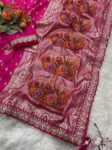 ผ้าไหมโดลาสีแสดที่มีงานทำมือส่าหรีผู้หญิงแฟชั่นผู้ผลิตและผู้จำหน่ายจากอัตราที่ต่ำที่สุด - Product Image 4