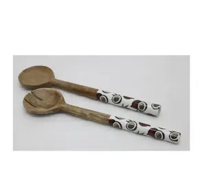 Manufacturer & Supplier Of Wooden Kitchen Tools Dessert Fruit Salad Serving Utensils Enamel Print Handle Acacia Wood Spoon &Fork