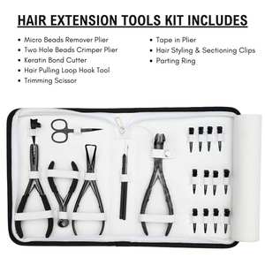 Kit d'outils pour extensions de cheveux avec pince à clipser, outil de sertissage, outil de démontage de micro-liens, coupe-adhésif, crochet pour boucle de fil, anneau de séparation, ciseaux - Product Image 2