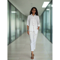 Ensemble coordonné d'été pour femme en tissu Oxford uni, blazer en coton et lin à manches trois-quarts, poches, bande avant, haut court élastique à l'arrière