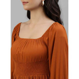 DEEBACO Women's Tan Solid Viscose Rayon Smocked Tiered <b>Dress</b> 3/4 Puff Sleeves Square Neck Fit & Flare Maxi Length Summer Western - Product Image 2