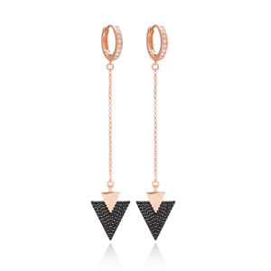 Pendiente colgante largo con forma de triángulo CZ negro, Plata de Ley 925, joyería fina hecha a mano turca al por mayor para mujer - Product Image 1