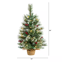 Vente en gros 2 pieds. Sapin de Noël artificiel floqué de pin et de baies pré-éclairé de 60 cm sur base en toile de jute, lumières LED blanc chaud