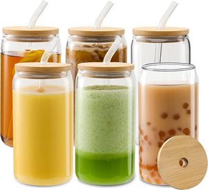 Gelas Kopi Es/Bir Kaca Borosilikat Tinggi Laris Manis dengan Tutup Bambu dan Sedotan - Product Image 1