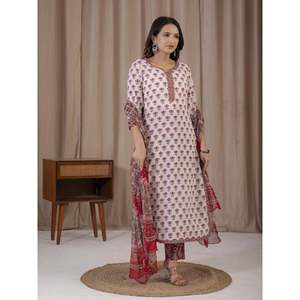 Traje de estilo indio étnico de algodón con estampado a mano en bloques blancos y rosas, kurta, pantalón y salwar Anarkali. - Product Image 4