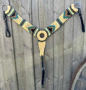 Western Horse Headstall & Breastplate Set with Martingale Tooled Green & Orange Leaf Design Leather Premium Quality High - Product Image 3