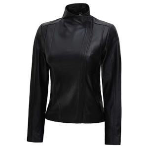 Genuine Sheep Skin Leather <b>Quilted</b> Varsity <b>Jacket</b> for Women in Black Solid <b>Pattern</b> Long Sleeves Zipper Pocket Plain Dyed Autumn - Product Image 6