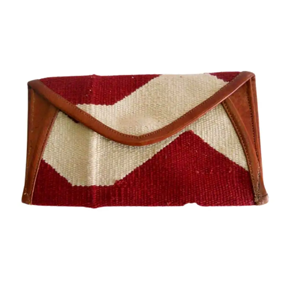 Hand Woven Cotton Kelim Dhurries Clutches With Genuine Leather Used Decoratively At The Edges As Piping Bags