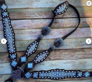 Kaamkaaj Genuine Leather Western Saddle Horse Tack <b>Set</b> Metal Components Buckle Closure <b>Beaded</b> Headstall Breast Collar-Riding - Product Image 1