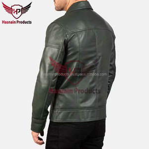 Veste en cuir véritable vert pour homme, col rabattable, fermeture éclair, poche poitrine, en peau de mouton, style motard olive, effet vieilli, sur mesure, vêtement d'extérieur hiver - Product Image 5