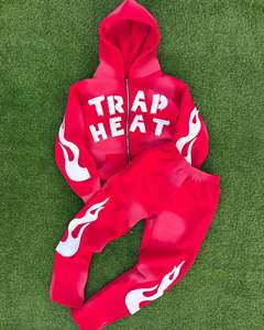 Conjunto de Sudadera con Capucha y Pantalones Deportivos con Estampado Gráfico Azul Real de Lujo, Diseño de Llamas Blancas, Ropa Deportiva Urbana, Corte Holgado - Product Image 1