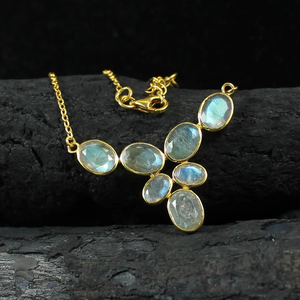 Collar de cadena de piedra con tachuelas de piedras preciosas de labradorita Natural de lujo de Plata de Ley 925 pura chapada en oro de 18 quilates, regalo de boda para mujer - Product Image 3