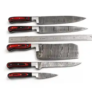 Custom Handmade Forged Damascus Chef Set Kitchen Knives With Pakka Wood With Steel Bolster + Leather Sheath Bag