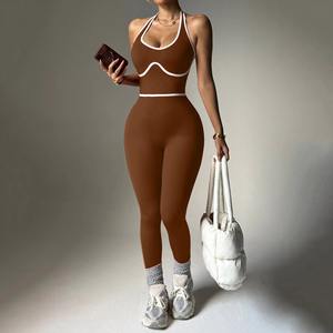 Custom Wholesale Women Yoga <b>Jumpsuit</b> <b>Sports</b> <b>Bodysuit</b> Intensity Workout Contrast Color Flare Leggings One Piece Fitness Suit - Product Image 2