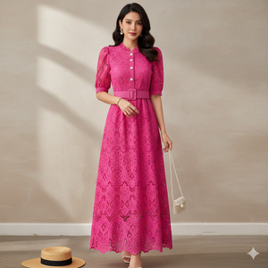 Robe maxi en dentelle florale de luxe Unity pour femmes, tissu doublé doux, ceinture, robe de soirée et de cérémonie - Product Image 1