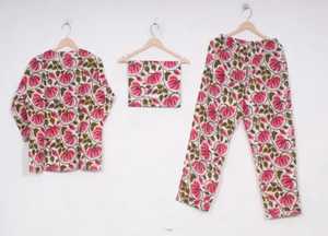 100% Conjunto de pijama largo y cómodo de algodón, vestido suave, ropa de dormir para adultos, estampado de bloque de mano, transpirable, elegante, para ropa de noche de verano - Product Image 2