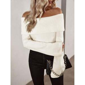 Pull en tricot côtelé à manches longues et épaules dénudées pour femme, couleur blanc cassé, pour l'automne et l'hiver - Product Image 5