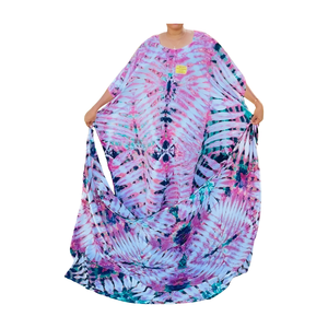 Green Tie Dye <b>Kaftan</b> Maxi Dress O-Neck Cap Sleeve Loose Fit Asymmetric Hem <b>Summer</b> Casual Wear - Product Image 3