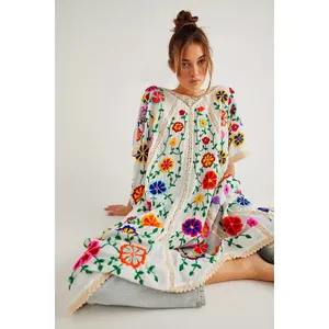 OEM Wholesale Women Clothing Hand Embroidered Work Casual Dresses Women Elegant Sexy Mexican Dress
