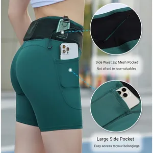 Femmes taille haute bout à bout Tennis Badminton Yoga Fitness Compression Gym collants Shorts S-XL solide téléphone poche course Shorts - Product Image 5
