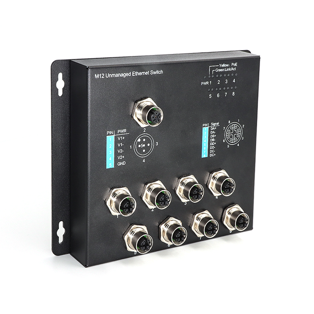 KRONZ New Unmanaged M12 X-code 8 Pin Female Connector Industrial Ethernet Switches DC12-52V PoE Power Supply M12 X-code 8 Pin