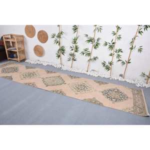 Classic Beige Vintage Turkish Wool <b>Rug</b> 2.9 X 12.5 ft Flat Weave <b>Boho</b> Patchwork Pattern for Living Room Hallway Latex Jute - Product Image 2