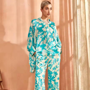 ชุดเดรสวินเทจพิมพ์ลายดอกไม้ผ้าชีฟองประดับมุกชุดเสื้อกางเกงสีฟ้าแบบลำลองขนาด XL มาตรฐานสูงลายดอก amyra - Product Image 2