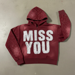Sweats à capuche en coton lourd 400 g/m² avec strass noirs brodés, sweats à capuche à manches avec strass, coupe ample, sweats à capuche zippés courts - Product Image 5