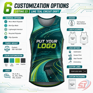 Fabricant de débardeurs de course personnalisés avec logo, séchage rapide, respirant, couleur vert-bleu circuit drift - Product Image 4