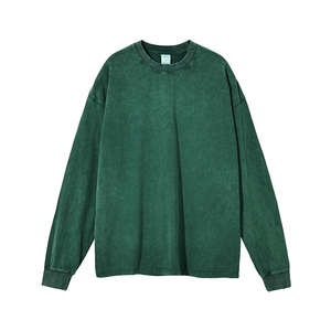 T-shirt décontracté 100% coton pour hommes surdimensionné Vintage lavé à manches longues col rond 220 grammes léger tricoté chemises coupe ample - Product Image 4