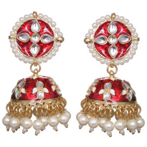 Pendientes Jhumka Tradicionales de Fusión Étnica con Cuentas de Cristal y Pedrería, Chapados en Cobre Antiguo, con Forma de Flor y Base de Aleación Resistente - Product Image 1