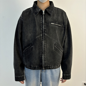 Wholesale Custom Varsity Zip-up <b>Work</b> <b>Jean</b> Jacket for <b>Men</b> 2025 Black Acid Wash Cropped Denim Outwear for Autumn and Winter - Product Image 6