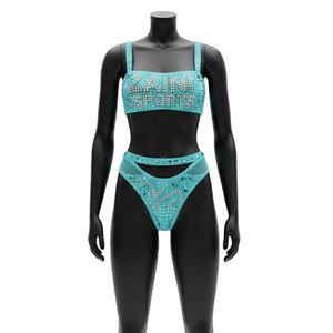 Conjunto de Bikini Premium de Nylon y Spandex para Mujer, Color Azul Aqua, Panel con Logotipo Hotfix de Cristal, Corte de Dos Piezas, Traje de Baño para Mujer - Product Image 1