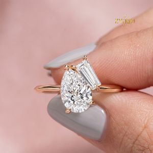 Anillo de Compromiso Solitario con Diamante Cultivado en Laboratorio, Corte Pera, Oro de 18K, Piedra Lateral Baguette, Joyería Fina - Product Image 1