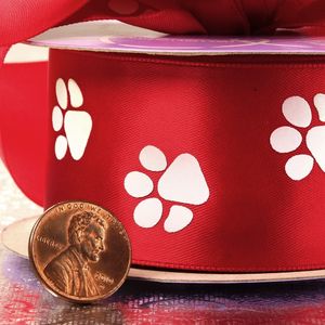 Solid <b>Red</b> Paw Print Satin <b>Ribbon</b> Roll Floral Style for Birthday Gift Wrapping and Packaging Made of Durable Polyester - Product Image 2