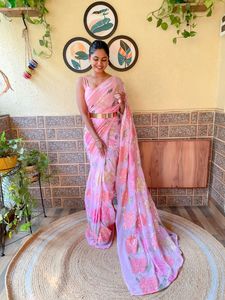 Best Selling Premium Quality Multicolor Georgette <b>Saree</b> <b>Blouse</b> Indian Trending Ethnic Women's Sequence Designer Weddings - Product Image 4