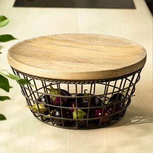 Kitchen Food <b>Storage</b> <b>Basket</b> with Wooden Lid Metal Container for Fruits and <b>Vegetables</b> Chopping Cutting board with metal <b>Basket</b> - Product Image 5