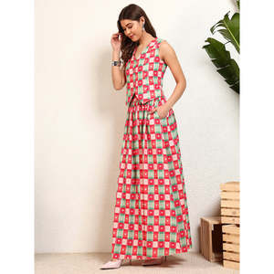 Ensemble coordonné DEEBACO pour femme, imprimé à carreaux et cœurs, veste longue à col en V avec jupe longue jusqu'aux chevilles, tenue de style western - Product Image 3