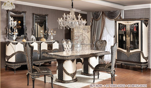 ชุดเฟอร์นิเจอร์โต๊ะอาหาร6ที่นั่งแกะสลักด้วยมือ,โต๊ะทานอาหารไม้สักมหาราจาดีไซน์แกะสลักจากยุโรปสีทองชั้นเยี่ยม - Product Image 6