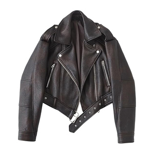 Veste courte en cuir véritable unisexe tendance, respirante, broderie, col à revers, fermeture éclair, veste de moto courte, ceinture pour l'automne - Product Image 6