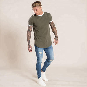 Custom Olive Green Curved Hem T Shirt for Men Contrast White <b>Trim</b> Casual Streetwear Tee - Product Image 6