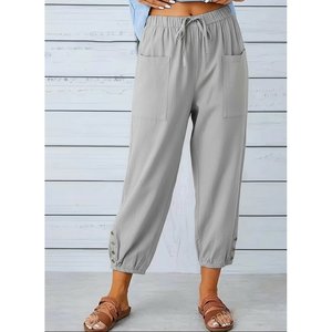 Women's <b>Elastic</b> <b>Waist</b> Drawstring Button Detail <b>Trousers</b>, 36567 - Gray - Product Image 2